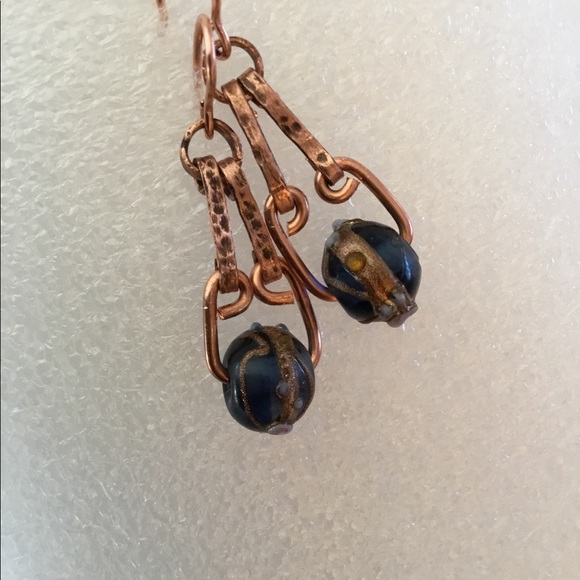 Blue Pressed Glass, Solid Copper Pendant Earrings - Picture 4 of 8
